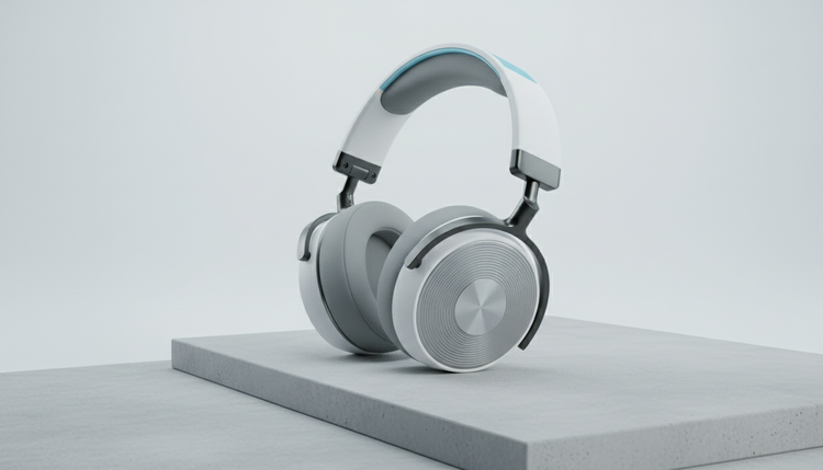 Over-ear headphones in brushed aluminium on a stone plinth