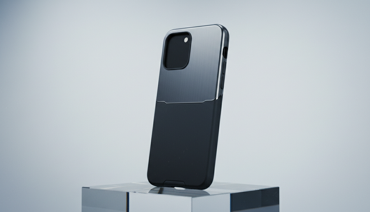 Matte black phone case on a glass plinth