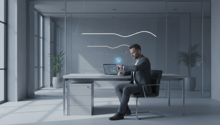 Professional checking a smartwatch at a minimalist desk